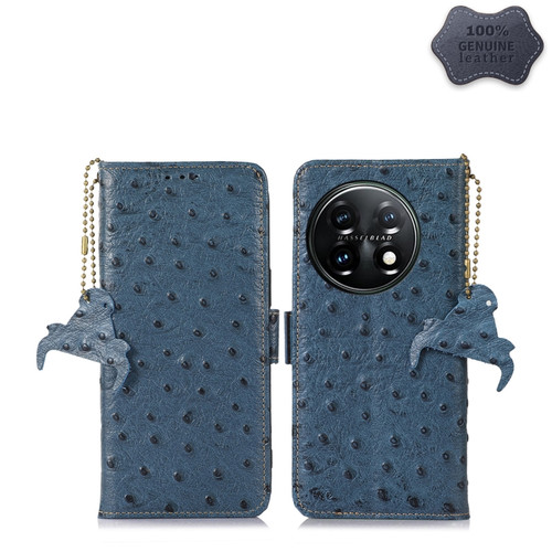 OnePlus 11 5G Ostrich Pattern Genuine Leather RFID Phone Case - Blue