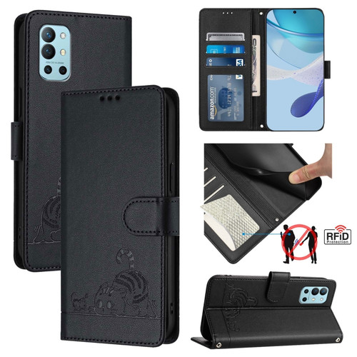 OnePlus 9R / 8T Cat Rat Embossed Pattern RFID Leather Phone Case with Lanyard - Black