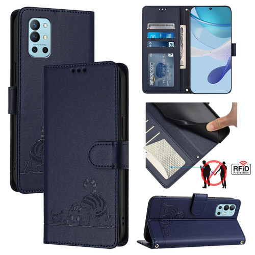 OnePlus 9R / 8T Cat Rat Embossed Pattern RFID Leather Phone Case with Lanyard - Blue