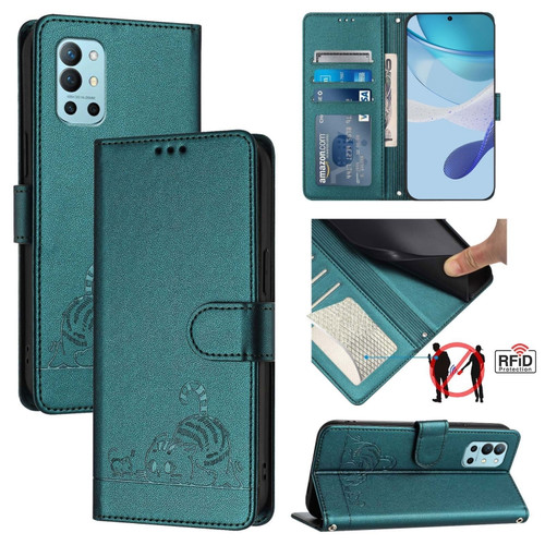 OnePlus 9R / 8T Cat Rat Embossed Pattern RFID Leather Phone Case with Lanyard - Peacock Green