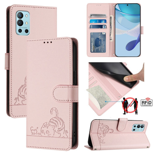 OnePlus 9R / 8T Cat Rat Embossed Pattern RFID Leather Phone Case with Lanyard - Pink