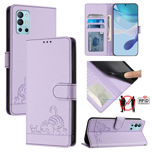OnePlus 9R / 8T Cat Rat Embossed Pattern RFID Leather Phone Case with Lanyard - Purple