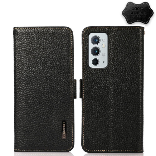 OnePlus 9RT 5G KHAZNEH Side-Magnetic Litchi Genuine Leather RFID Phone Case - Black