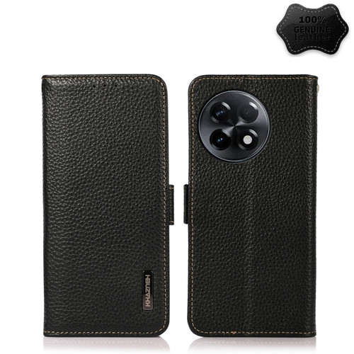 OnePlus Ace 2 5G KHAZNEH Side-Magnetic Litchi Genuine Leather RFID Phone Case - Black