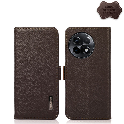 OnePlus Ace 2 5G KHAZNEH Side-Magnetic Litchi Genuine Leather RFID Phone Case - Brown