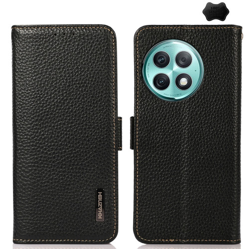 OnePlus Ace 2 Pro KHAZNEH Side-Magnetic Litchi Genuine Leather RFID Phone Case - Black