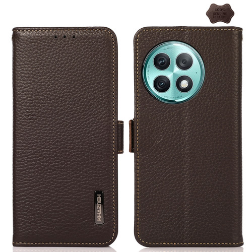 OnePlus Ace 2 Pro KHAZNEH Side-Magnetic Litchi Genuine Leather RFID Phone Case - Brown