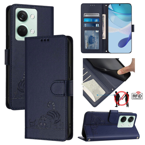 OnePlus Ace 2V / Nord 3 Cat Rat Embossed Pattern RFID Leather Phone Case with Lanyard - Blue