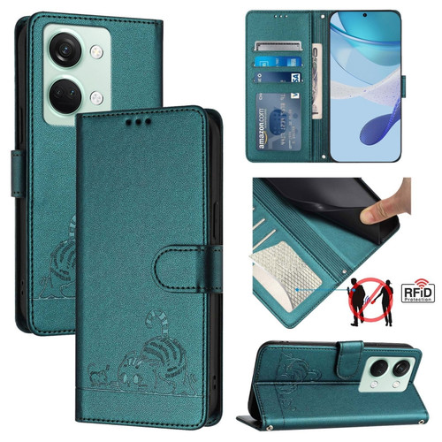 OnePlus Ace 2V / Nord 3 Cat Rat Embossed Pattern RFID Leather Phone Case with Lanyard - Peacock Green