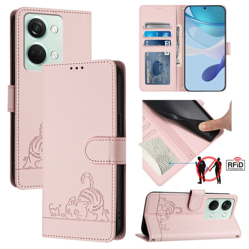 OnePlus Ace 2V / Nord 3 Cat Rat Embossed Pattern RFID Leather Phone Case with Lanyard - Pink