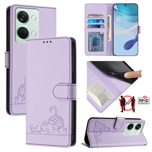 OnePlus Ace 2V / Nord 3 Cat Rat Embossed Pattern RFID Leather Phone Case with Lanyard - Purple