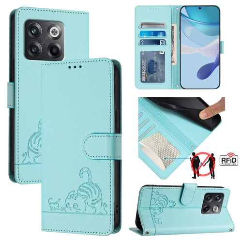 OnePlus Ace Pro 5G Cat Rat Embossed Pattern RFID Leather Phone Case with Lanyard - Mint Green