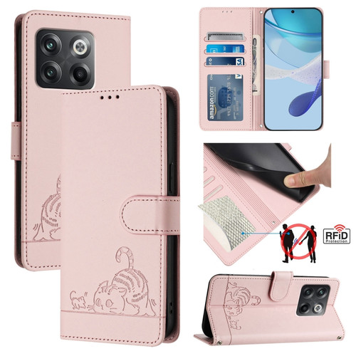 OnePlus Ace Pro 5G Cat Rat Embossed Pattern RFID Leather Phone Case with Lanyard - Pink