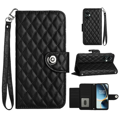OnePlus CE 3 Lite 5G / Nord N30 Rhombic Texture Flip Leather Phone Case with Lanyard - Black