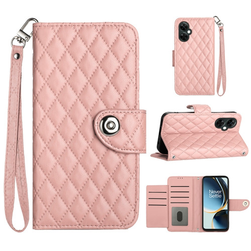 OnePlus CE 3 Lite 5G / Nord N30 Rhombic Texture Flip Leather Phone Case with Lanyard - Coral Pink