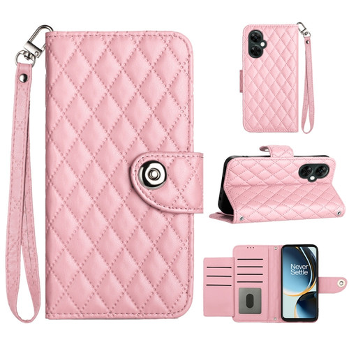 OnePlus CE 3 Lite 5G / Nord N30 Rhombic Texture Flip Leather Phone Case with Lanyard - Pink