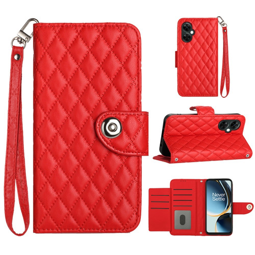 OnePlus CE 3 Lite 5G / Nord N30 Rhombic Texture Flip Leather Phone Case with Lanyard - Red