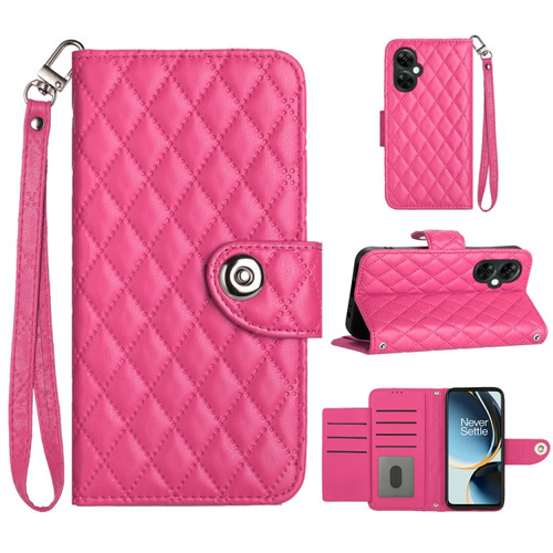 OnePlus CE 3 Lite 5G / Nord N30 Rhombic Texture Flip Leather Phone Case with Lanyard - Rose Red