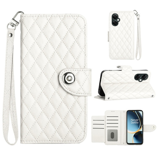 OnePlus CE 3 Lite 5G / Nord N30 Rhombic Texture Flip Leather Phone Case with Lanyard - White