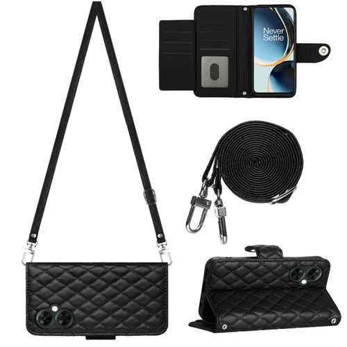 OnePlus CE 3 Lite 5G / Nord N30 Rhombic Texture Flip Leather Phone Case with Long Lanyard - Black