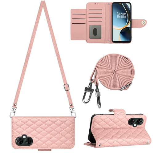 OnePlus CE 3 Lite 5G / Nord N30 Rhombic Texture Flip Leather Phone Case with Long Lanyard - Coral Pink