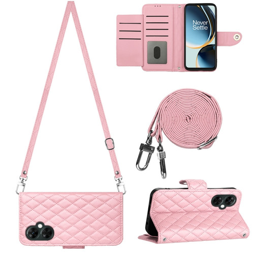 OnePlus CE 3 Lite 5G / Nord N30 Rhombic Texture Flip Leather Phone Case with Long Lanyard - Pink