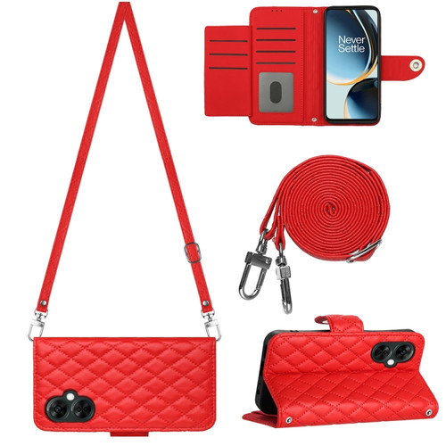 OnePlus CE 3 Lite 5G / Nord N30 Rhombic Texture Flip Leather Phone Case with Long Lanyard - Red
