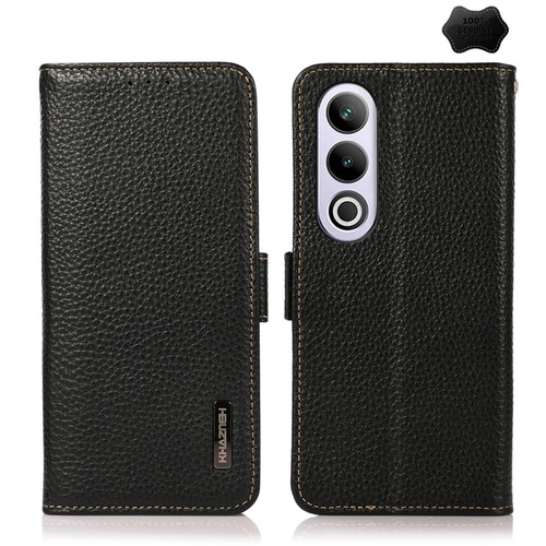 OnePlus CE4 5G Global KHAZNEH Side-Magnetic Litchi Genuine Leather RFID Phone Case - Black