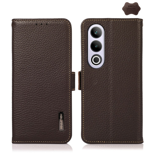 OnePlus CE4 5G Global KHAZNEH Side-Magnetic Litchi Genuine Leather RFID Phone Case - Brown