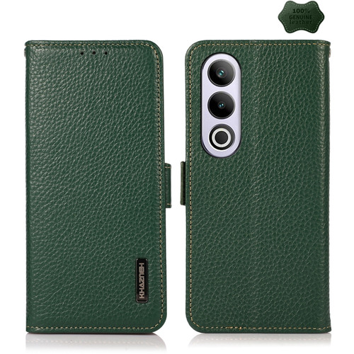 OnePlus CE4 5G Global KHAZNEH Side-Magnetic Litchi Genuine Leather RFID Phone Case - Green