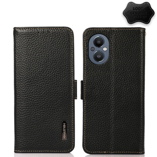 OnePlus N20 5G KHAZNEH Side-Magnetic Litchi Genuine Leather RFID Phone Case - Black