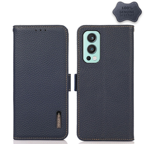 OnePlus Nord 2 5G KHAZNEH Side-Magnetic Litchi Genuine Leather RFID Phone Case - Blue