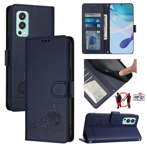 OnePlus Nord 2 Cat Rat Embossed Pattern RFID Leather Phone Case with Lanyard - Blue