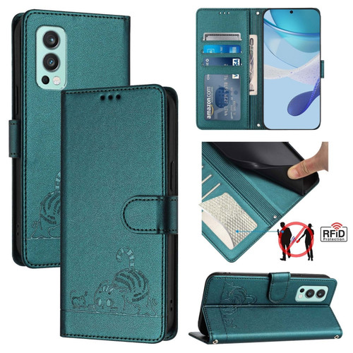 OnePlus Nord 2 Cat Rat Embossed Pattern RFID Leather Phone Case with Lanyard - Peacock Green