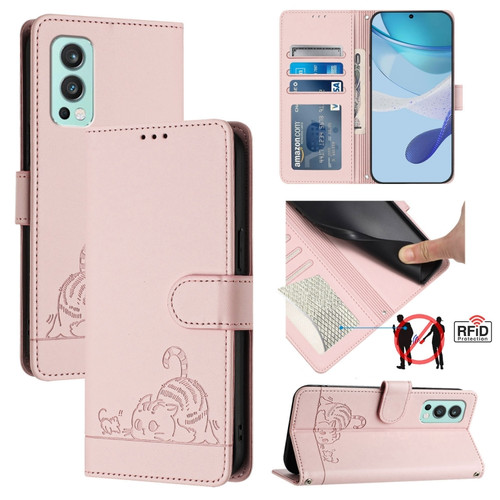 OnePlus Nord 2 Cat Rat Embossed Pattern RFID Leather Phone Case with Lanyard - Pink