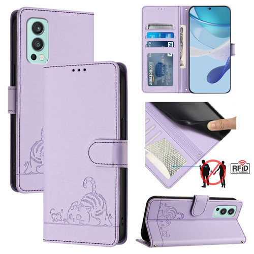 OnePlus Nord 2 Cat Rat Embossed Pattern RFID Leather Phone Case with Lanyard - Purple