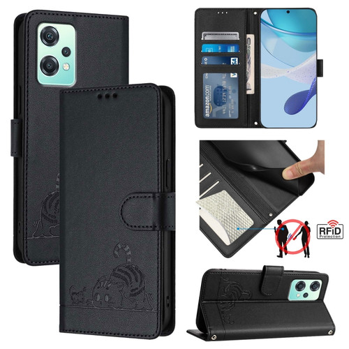 OnePlus Nord 2 Lite Cat Rat Embossed Pattern RFID Leather Phone Case with Lanyard - Black