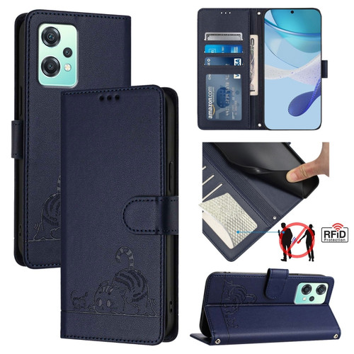OnePlus Nord 2 Lite Cat Rat Embossed Pattern RFID Leather Phone Case with Lanyard - Blue