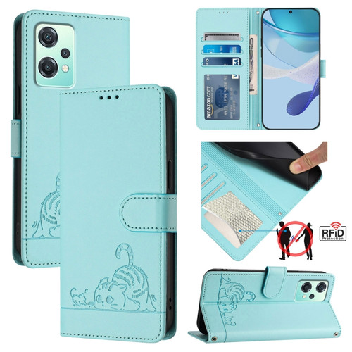 OnePlus Nord 2 Lite Cat Rat Embossed Pattern RFID Leather Phone Case with Lanyard - Mint Green