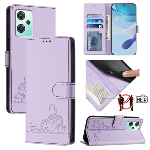 OnePlus Nord 2 Lite Cat Rat Embossed Pattern RFID Leather Phone Case with Lanyard - Purple