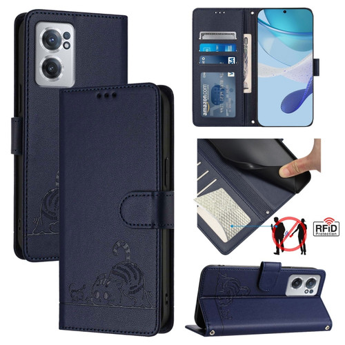 OnePlus Nord CE 2 5G Cat Rat Embossed Pattern RFID Leather Phone Case with Lanyard - Blue