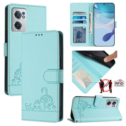 OnePlus Nord CE 2 5G Cat Rat Embossed Pattern RFID Leather Phone Case with Lanyard - Mint Green