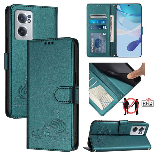 OnePlus Nord CE 2 5G Cat Rat Embossed Pattern RFID Leather Phone Case with Lanyard - Peacock Green