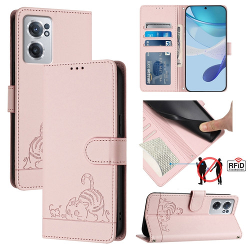 OnePlus Nord CE 2 5G Cat Rat Embossed Pattern RFID Leather Phone Case with Lanyard - Pink