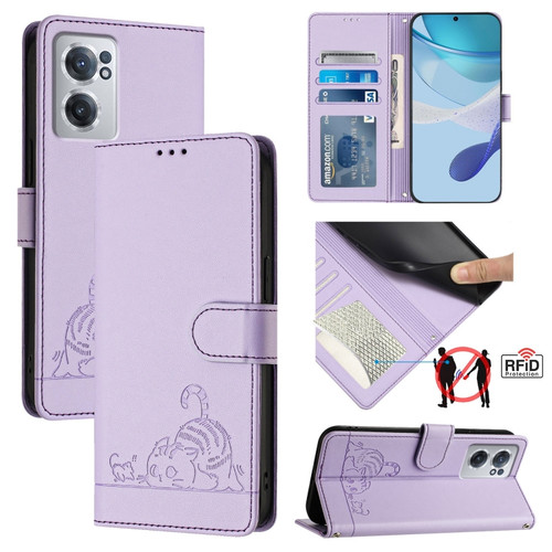 OnePlus Nord CE 2 5G Cat Rat Embossed Pattern RFID Leather Phone Case with Lanyard - Purple
