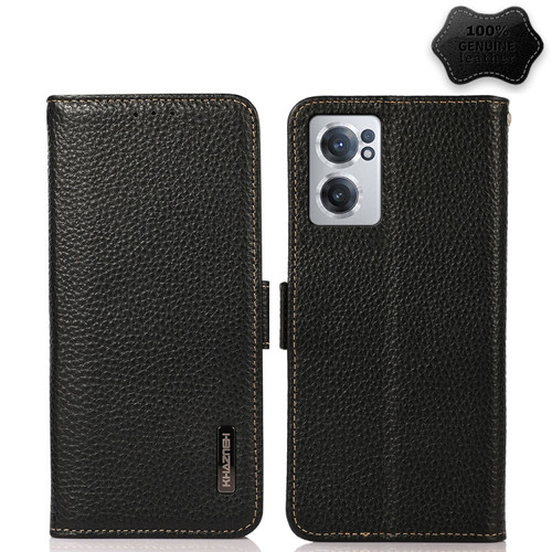 OnePlus Nord CE 2 5G KHAZNEH Side-Magnetic Litchi Genuine Leather RFID Phone Case - Black