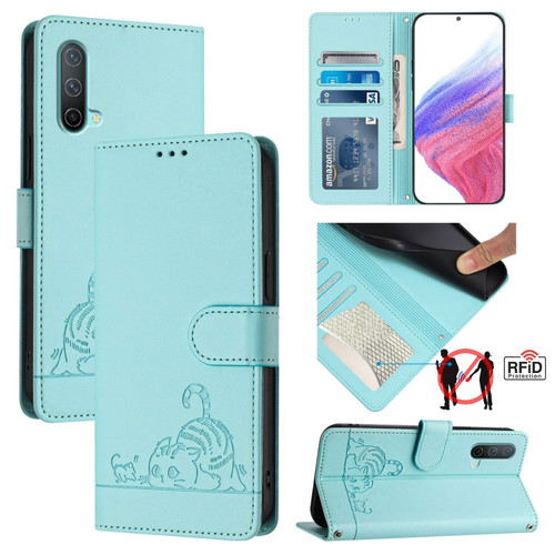OnePlus Nord CE 5G Cat Rat Embossed Pattern RFID Leather Phone Case with Lanyard - Mint Green