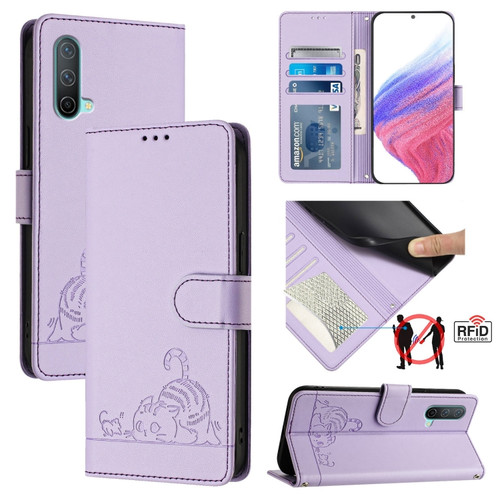OnePlus Nord CE 5G Cat Rat Embossed Pattern RFID Leather Phone Case with Lanyard - Purple