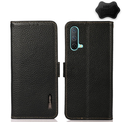 OnePlus Nord CE 5G KHAZNEH Side-Magnetic Litchi Genuine Leather RFID Phone Case - Black