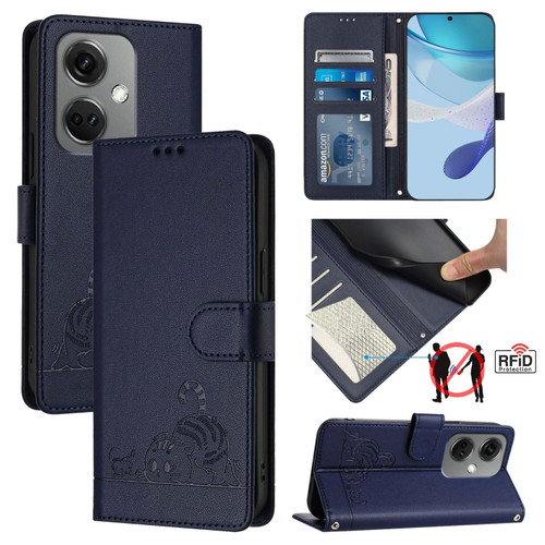 OnePlus Nord CE3 5G India Cat Rat Embossed Pattern RFID Leather Phone Case with Lanyard - Blue